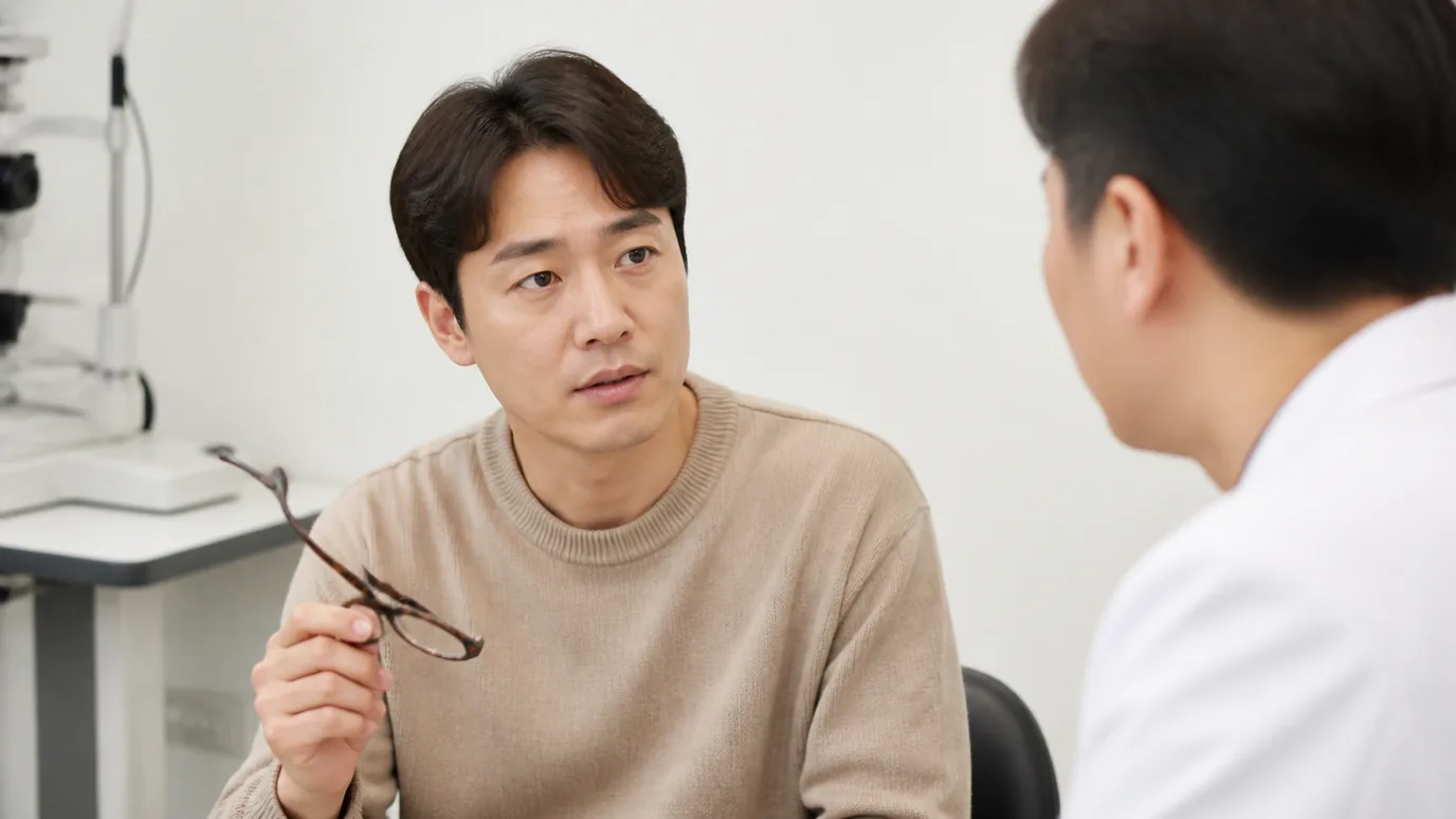 밝은 검사실에서 30대 한국인 성인이 안경을 벗어 손에 든 채 한국인 의료진의 안내를 듣는 장면