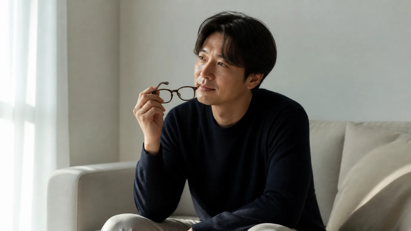 햇빛이 부드러운 방에서 30대 한국인 성인이 안경을 손에 든 채 조용히 생각하는 장면