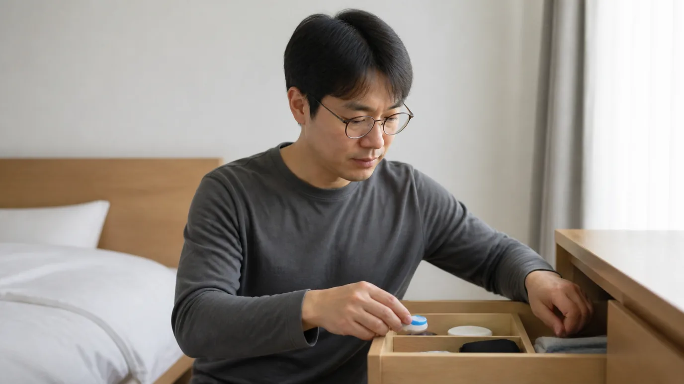 밝은 침실에서 30대 한국인 성인이 안경을 쓰고 렌즈 보관 용기를 서랍에 넣는 장면