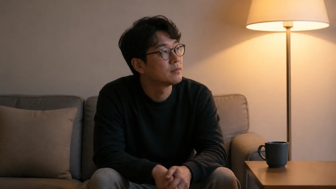 저녁의 조용한 거실에서 30대 한국인 성인이 안경을 쓴 채 부드러운 조명을 바라보는 장면