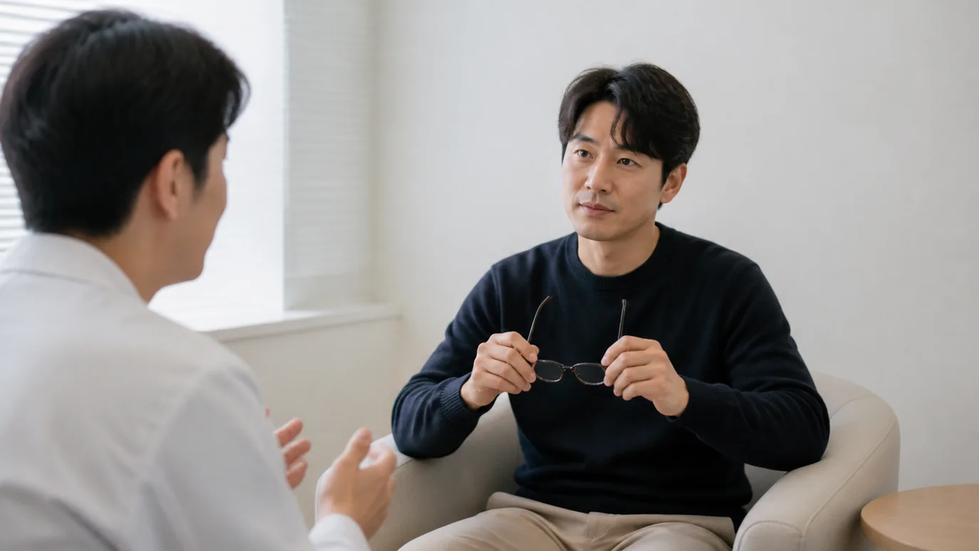 밝은 상담실에서 30대 한국인 성인이 안경을 손에 든 채 한국인 의료진의 설명에 집중하는 장면