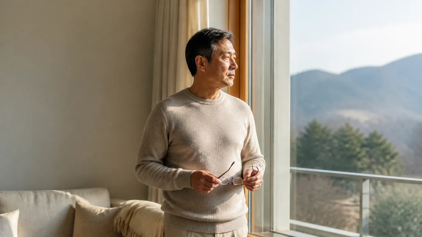 햇살이 드는 거실에서 50대 한국인 성인이 안경을 손에 든 채 먼 풍경을 바라보는 장면