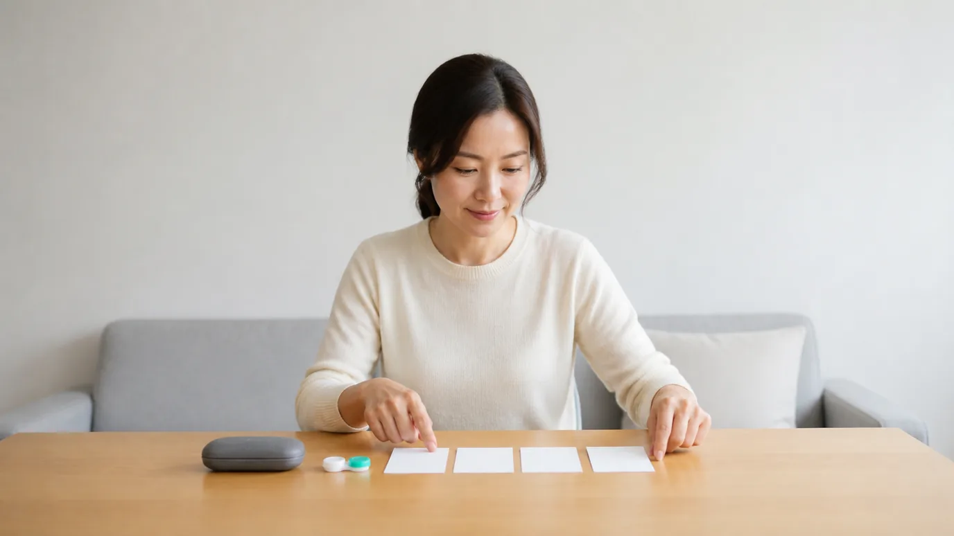 밝은 실내에서 30대 한국인 성인이 안경·콘택트렌즈 케이스와 네 장의 빈 카드를 테이블에 나란히 두고 비교하는 장면