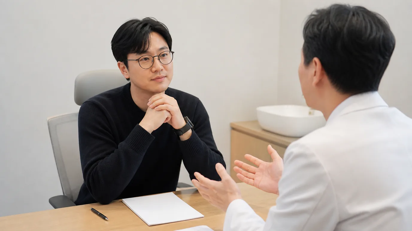 밝은 검사실 상담 테이블에서 30대 한국인 성인이 안경과 빈 메모지를 앞에 두고 한국인 의료진의 설명을 듣는 장면