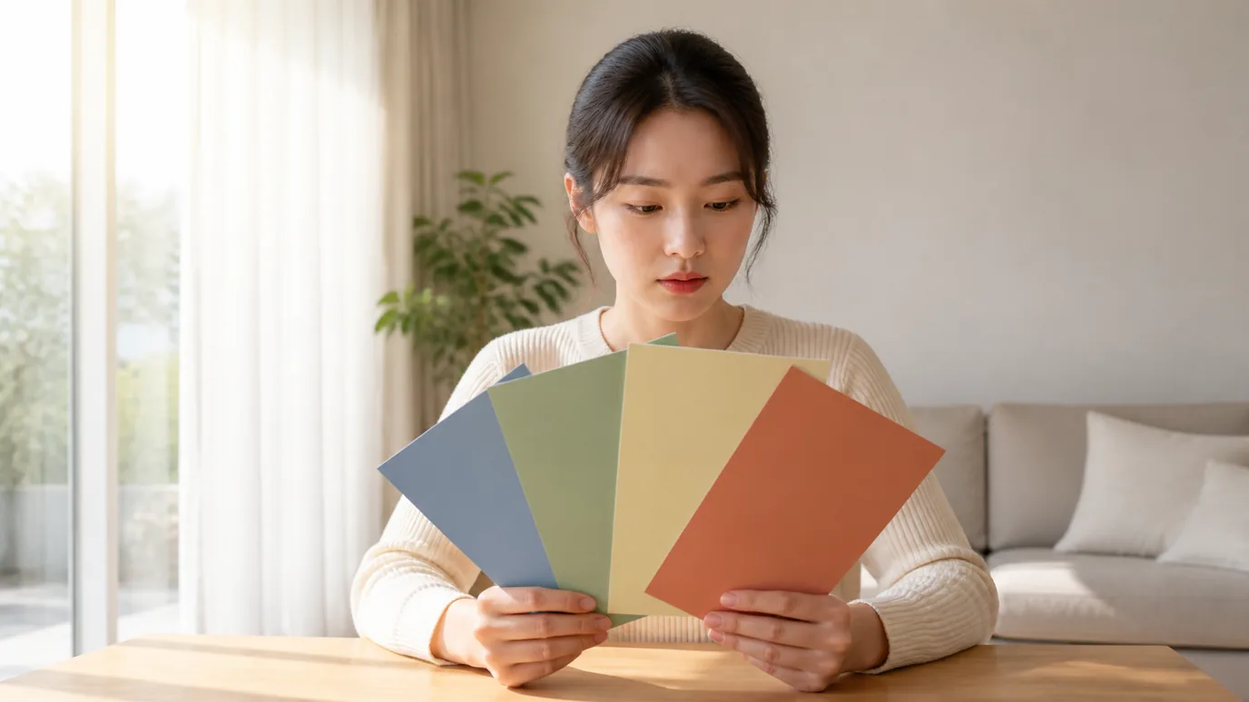 밝은 거실 창가에서 30대 한국인 성인이 단색 종이 부채 네 장을 펼쳐 우선순위를 정하는 장면