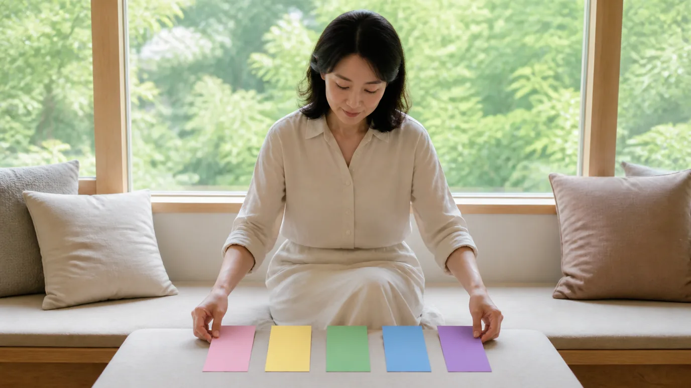 창가 긴 벤치에서 40대 한국인 성인이 다섯 가지 색의 단색 종이 책갈피를 한 줄로 펼치는 장면