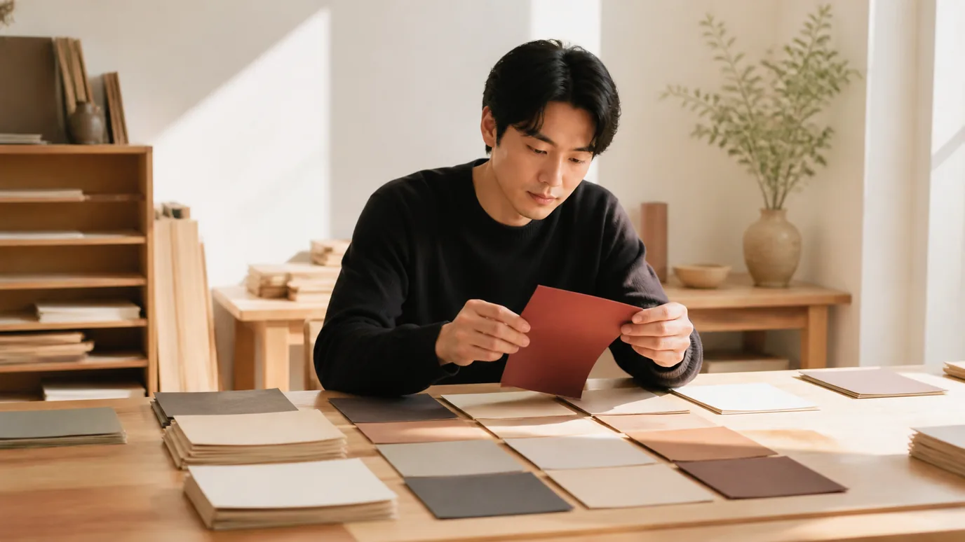 햇살 든 작업실에서 30대 한국인 성인이 단색 종이 조각을 차례로 뒤집어 앞뒷면을 확인하는 장면