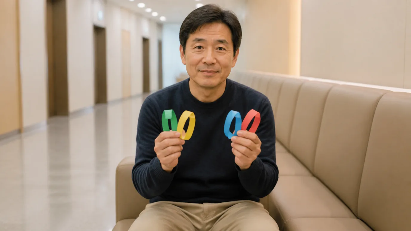 넓은 복도 대기 의자에서 50대 한국인 성인이 단색 종이 연결 고리 네 개를 손에 나눠 드는 장면