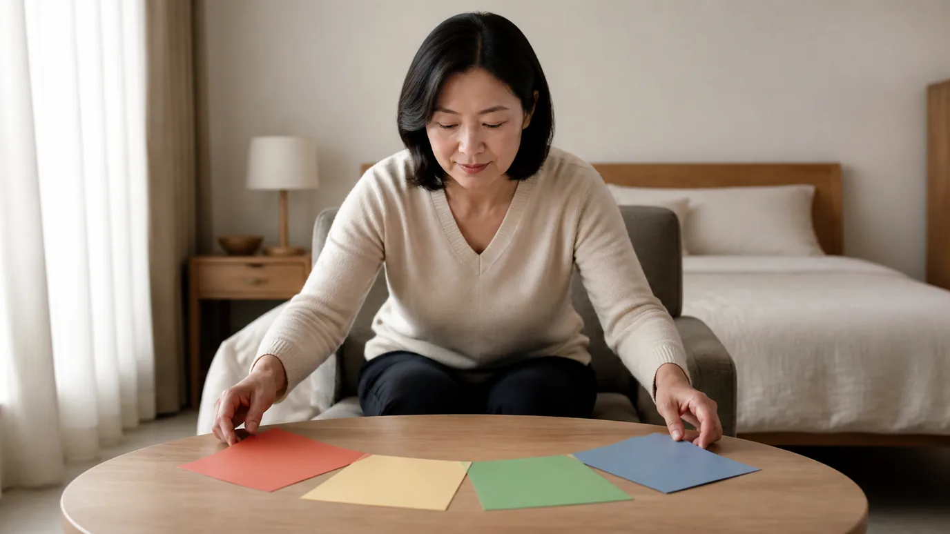차분한 침실 의자에서 40대 한국인 성인이 단색 종이 조각 네 장을 거리를 두고 반원으로 펼치는 장면