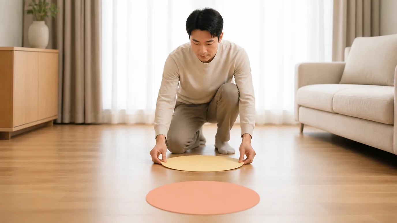 낮빛이 부드러운 거실에서 30대 한국인 성인이 단색 종이 원 두 장을 앞뒤 간격을 두고 바닥에 놓는 장면