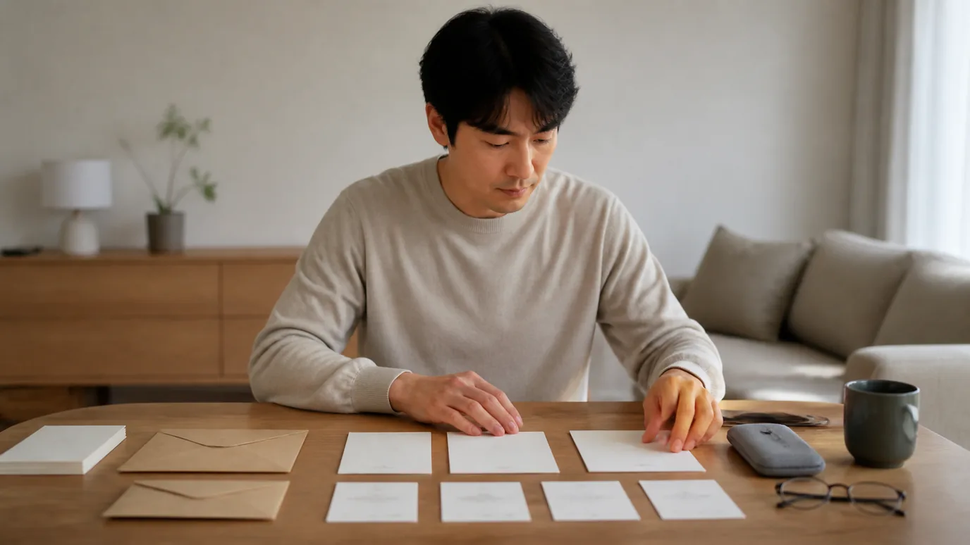 밝은 생활 공간에서 30대 한국인 성인이 안경 케이스 옆에 원거리·근거리·야간 활동을 암시하는 무문자 소품을 우선순위로 놓는 장면