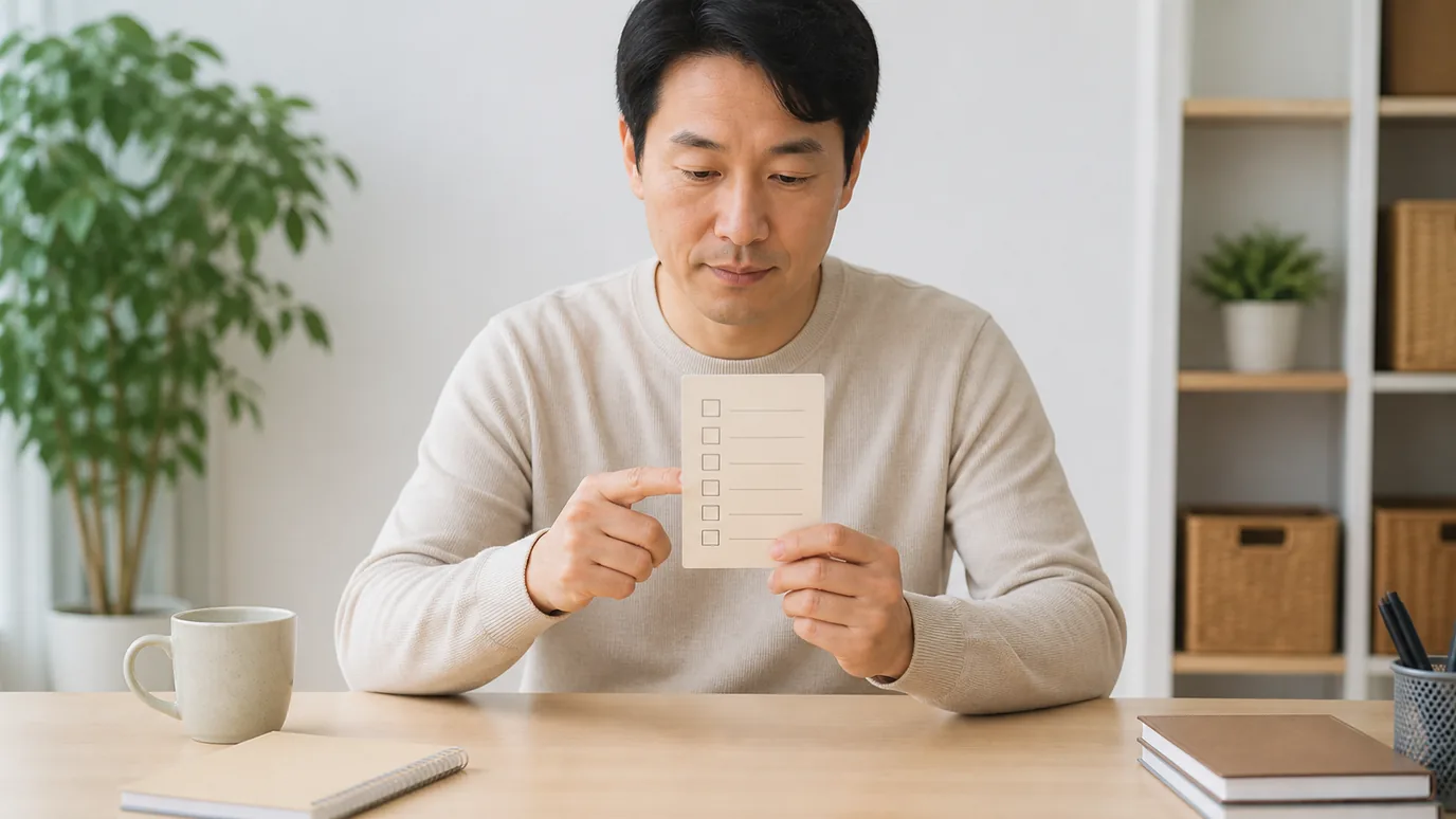 밝은 상담 공간에서 한국인 성인이 무표기 검사 봉투와 선택 카드를 차분히 대조하는 장면