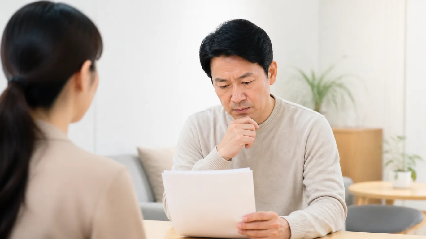 밝은 상담 공간에서 한국인 성인이 무표기 검사 봉투와 선택 카드를 차분히 대조하는 장면