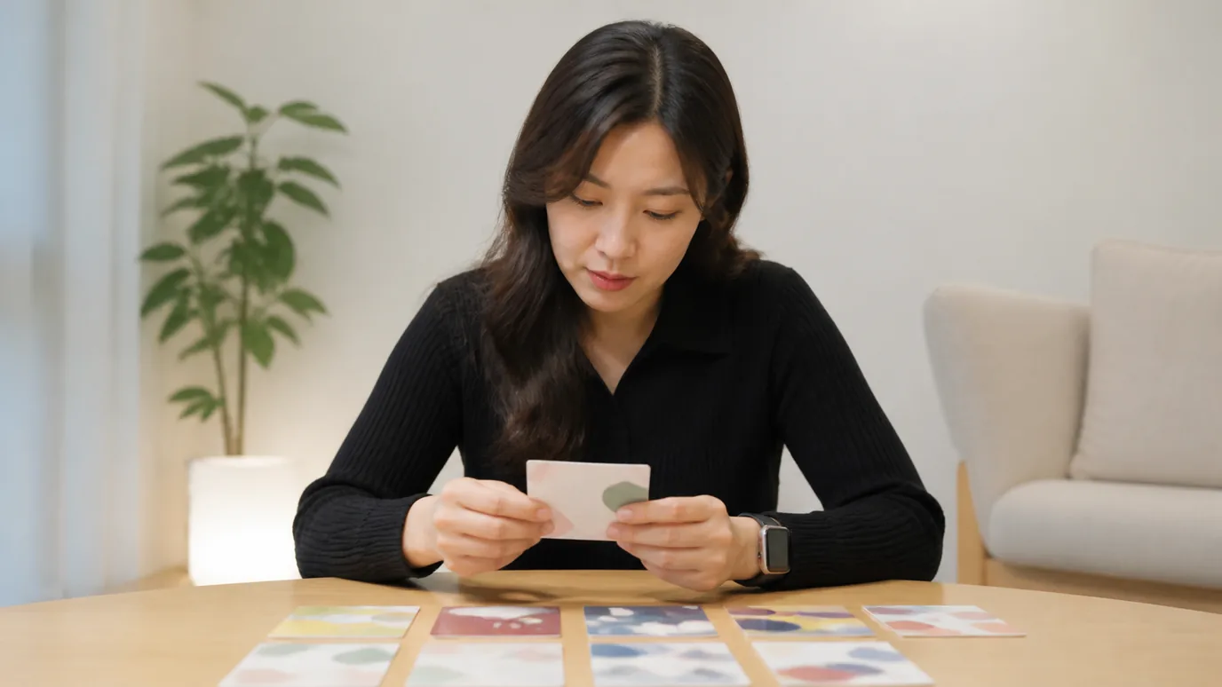 밝은 상담 공간에서 한국인 성인이 무표기 검사 봉투와 선택 카드를 차분히 대조하는 장면