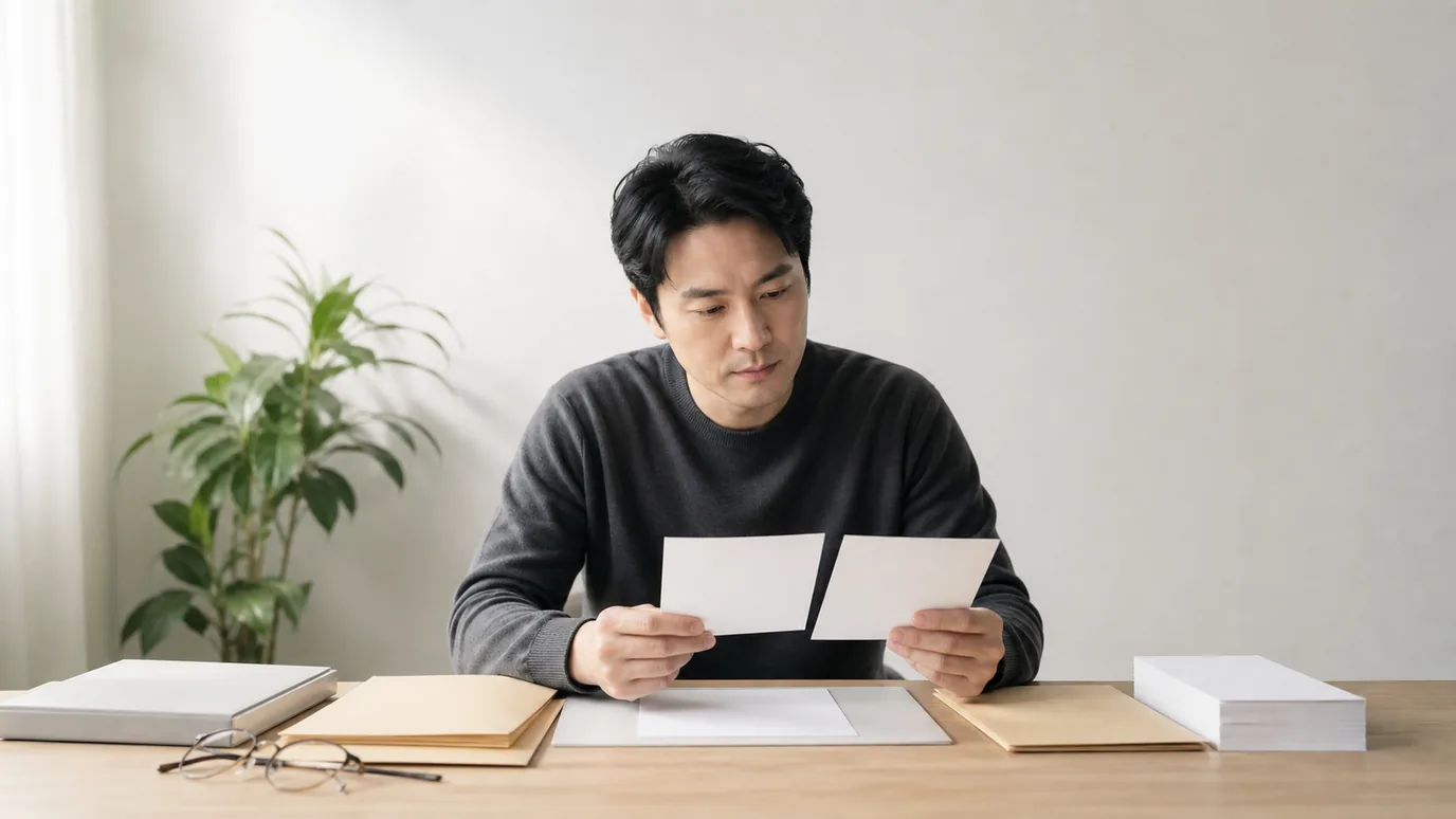 밝은 집에서 30대 한국인 성인이 계정, 자원, 의료 범위, 이용 기록을 뜻하는 네 개의 무문자 봉투와 닫힌 지갑을 정리하는 장면