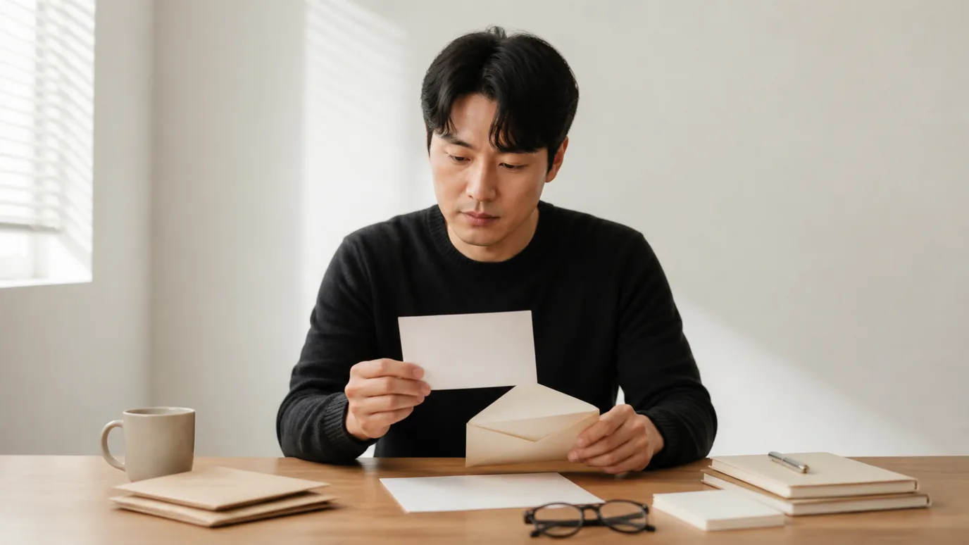 밝은 책상에서 30대 한국인 성인이 동일 범위, 추가 조건, 만료, 필요성을 뜻하는 네 무문자 봉투 앞에서 결제를 멈추는 장면