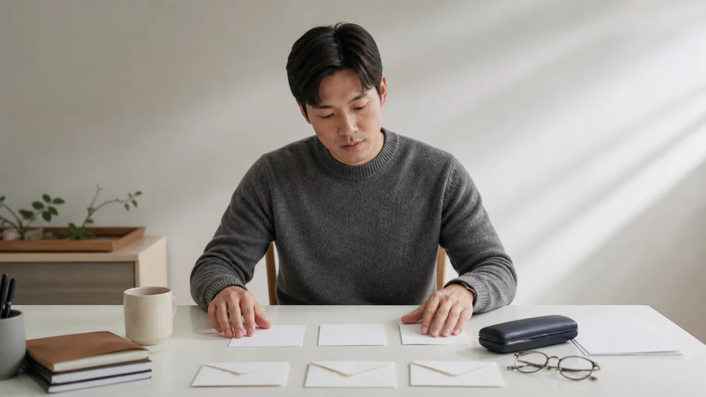밝은 책상에서 30대 한국인 성인이 복지 안내, 눈 건강 항목, 제공자, 예약을 뜻하는 네 개의 무문자 봉투를 확인하는 장면, 음식 표현 없음