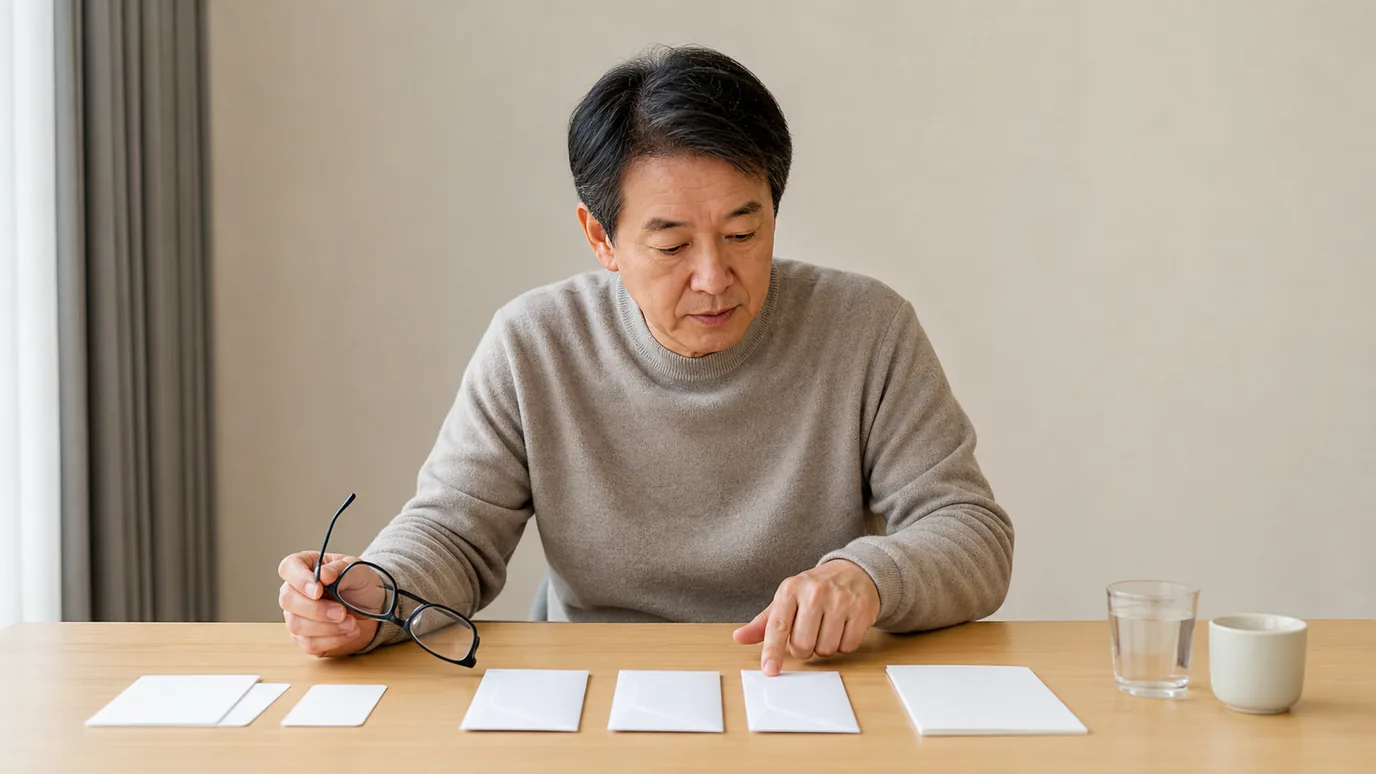 밝은 거실에서 50대 한국인 성인이 가까운 책, 중간 거리의 빈 액자 뒷면, 먼 창가 방향과 두 개의 선택지 봉투를 비교하는 장면
