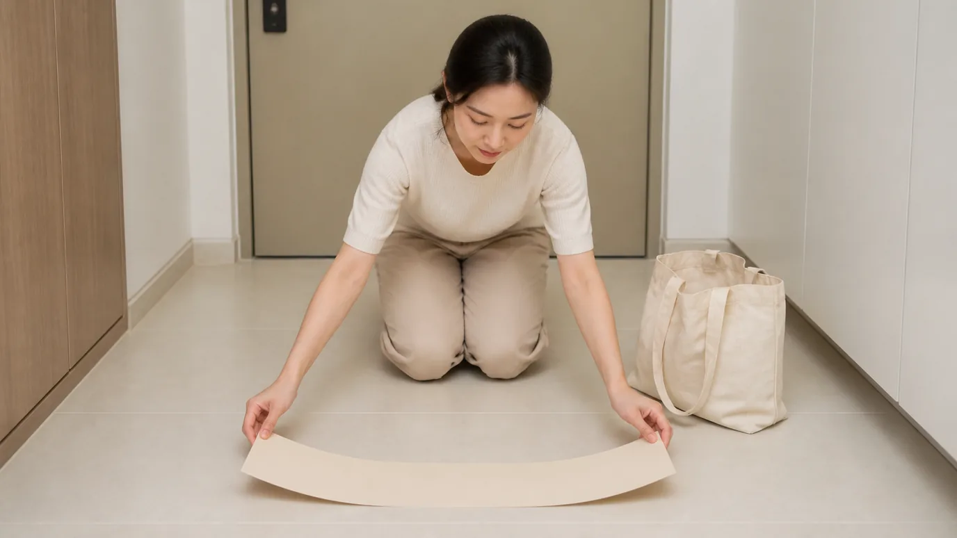 밝은 현관 바닥에서 30대 한국인 성인이 단색 종이 띠를 완만한 곡선으로 놓고 천 가방을 옆에 두는 장면