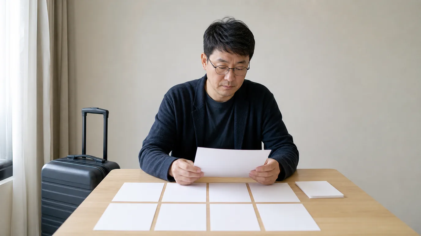 밝은 공간에서 40대 한국인 성인이 안경과 작은 여행 가방을 곁에 두고 단계별 빈 종이를 순서대로 살펴보는 장면