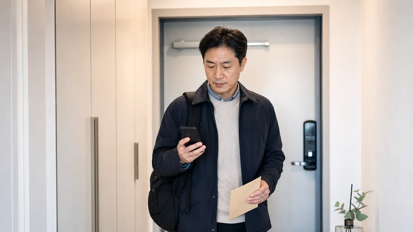 밝은 현관에서 40대 한국인 성인이 휴대전화와 작은 진료 서류 봉투를 챙기며 외출을 준비하는 장면