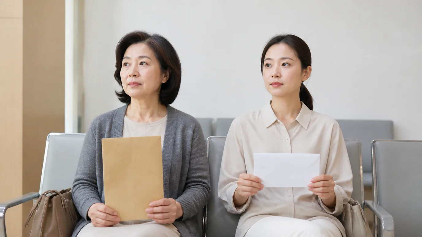 밝은 상담 공간에서 50대 한국인 성인과 30대 한국인 성인이 서로 다른 빈 서류 봉투를 들고 차례를 기다리는 장면