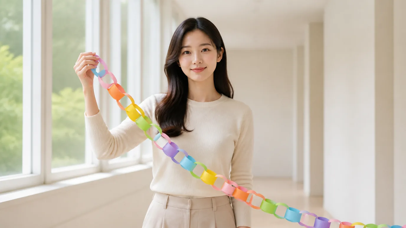 밝은 복도 창가에서 30대 한국인 성인이 단색 종이 고리 여러 개를 길게 이어 한쪽 끝을 잡는 장면