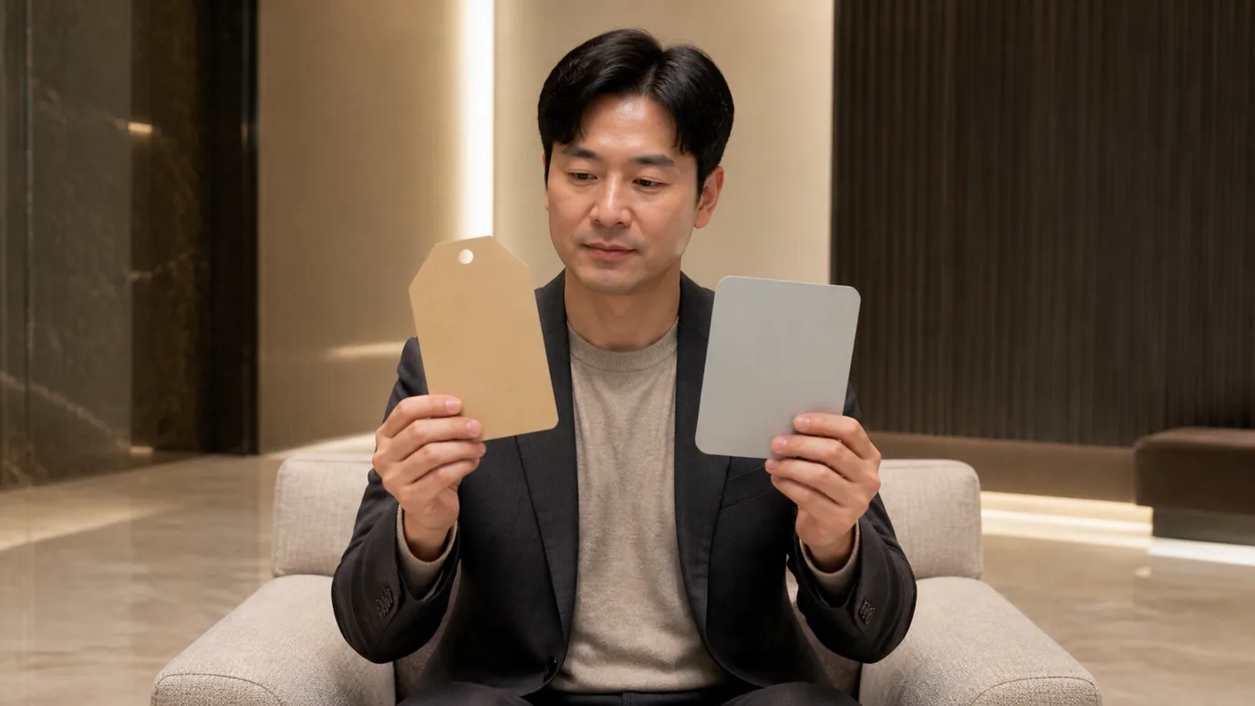 도시형 로비 의자에서 40대 한국인 성인이 단색 종이 가격표 모양 조각과 절차 카드 모양 조각을 분리해 드는 장면