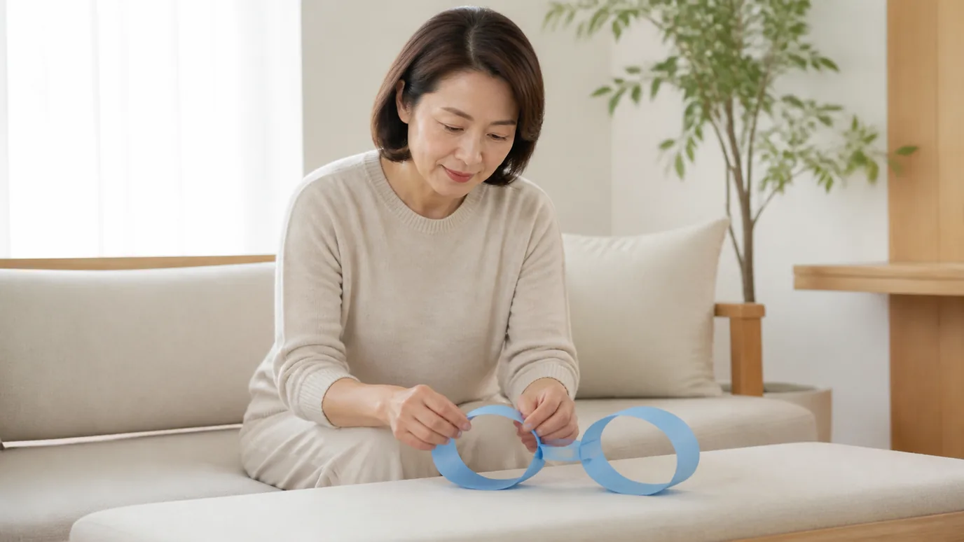 밝은 거실의 긴 의자에서 40대 한국인 성인이 단색 종이 고리 세 개를 간격 있게 이어 놓는 장면