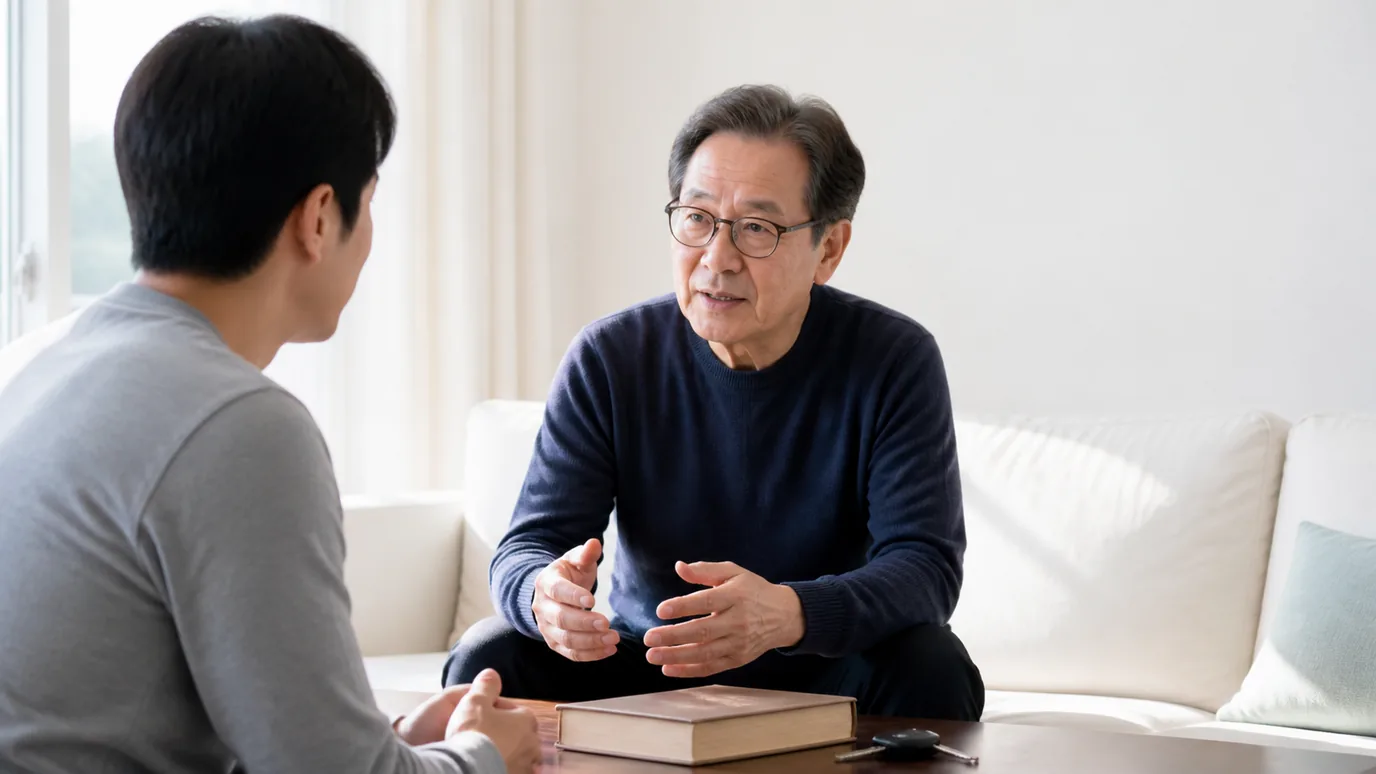 밝은 거실에서 60대 한국인 성인이 안경을 쓴 채 책과 자동차 열쇠를 번갈아 바라보며 가족과 대화하는 장면