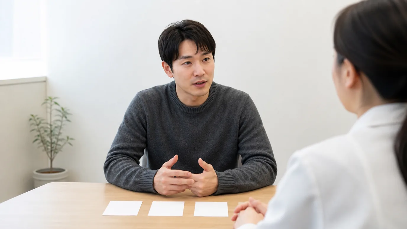 밝은 상담 공간에서 30대 한국인 성인이 세 개의 무표기 카드를 앞에 놓고 한국인 의료진과 차분히 대화하는 장면