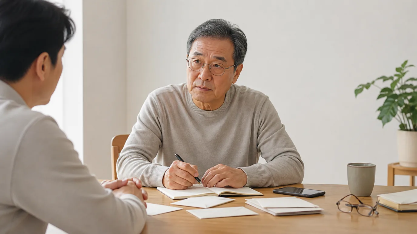 밝은 식탁에서 60대 한국인 성인이 안경과 여러 거리의 생활 물건을 앞에 두고 가족과 상담 질문을 정리하는 장면