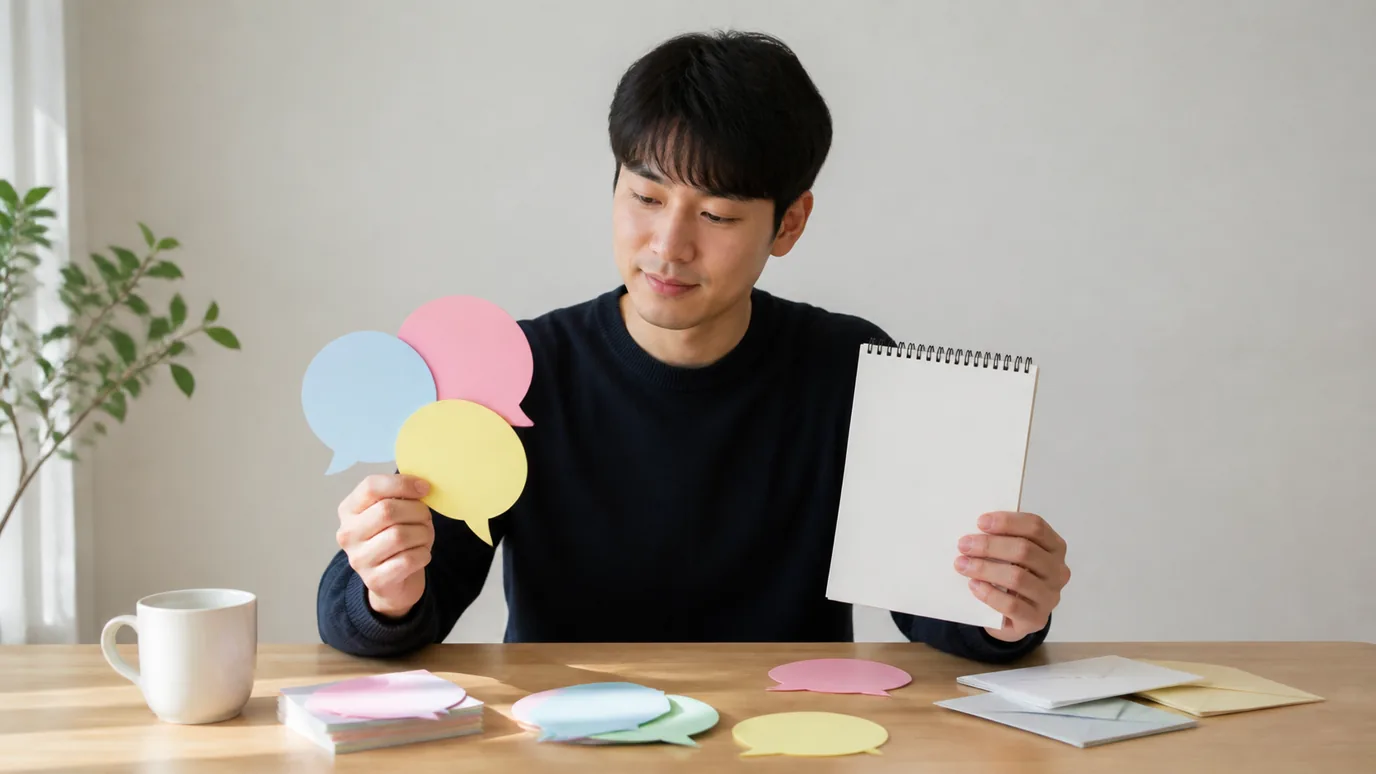 밝은 실내에서 30대 한국인 성인이 서로 다른 색의 무표기 말풍선 모양 카드와 빈 메모지를 비교하는 장면