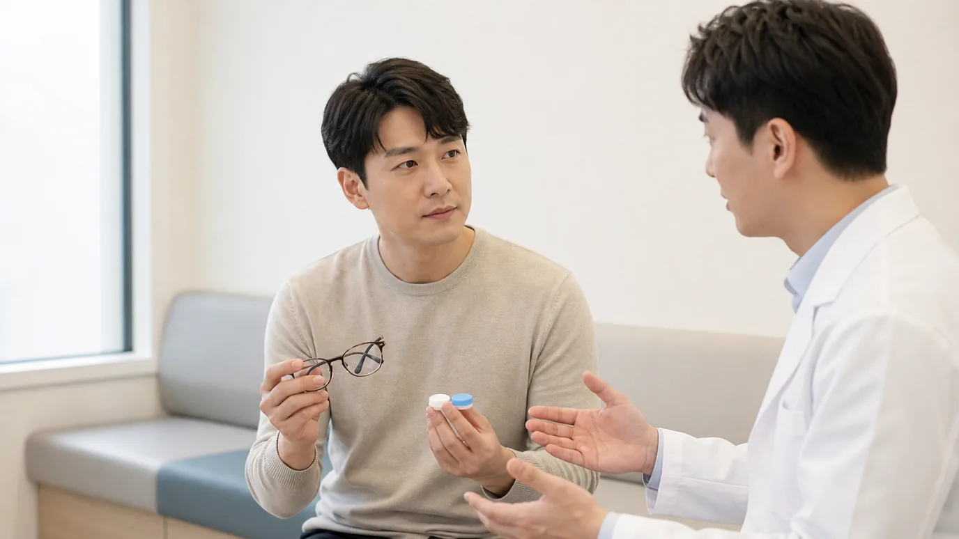 밝은 검사 대기 공간에서 30대 한국인 성인이 안경과 렌즈 케이스를 손에 들고 한국인 의료진의 안내를 듣는 장면