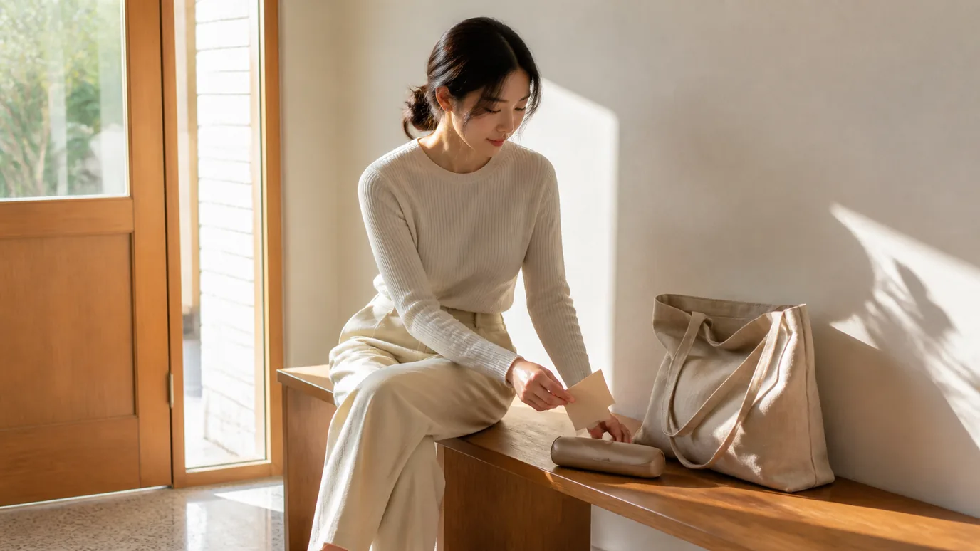 햇살 드는 현관 벤치에서 30대 한국인 성인이 단색 종이 체크 카드와 안경집을 천 가방 옆에 놓는 장면
