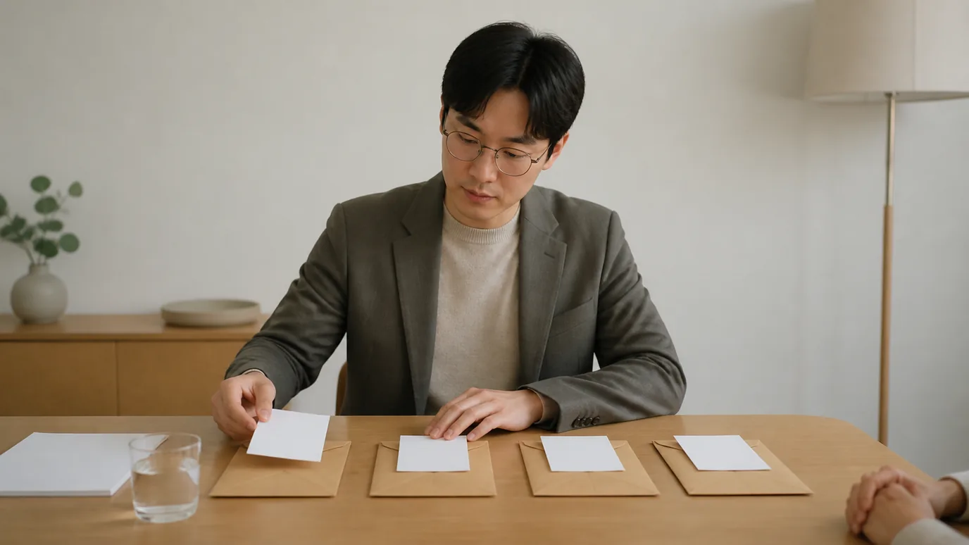 밝은 상담실에서 30대 한국인 성인이 네 개의 봉인 선택지 봉투에 같은 모양의 무문자 질문 카드를 하나씩 놓는 장면
