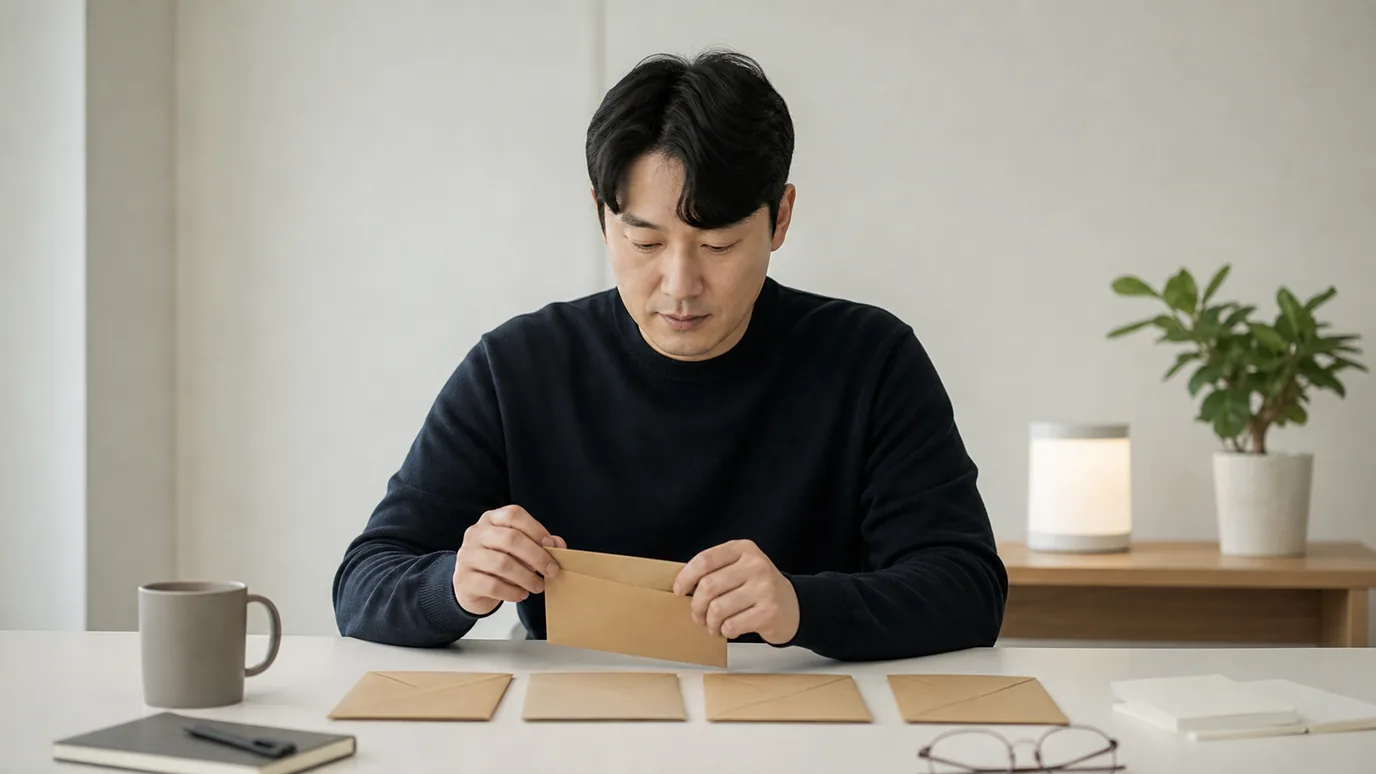 밝은 상담 테이블에서 30대 한국인 성인이 위험 설명, 개인 검사, 관찰, 대응을 뜻하는 네 개의 무문자 봉투를 차례로 여는 장면