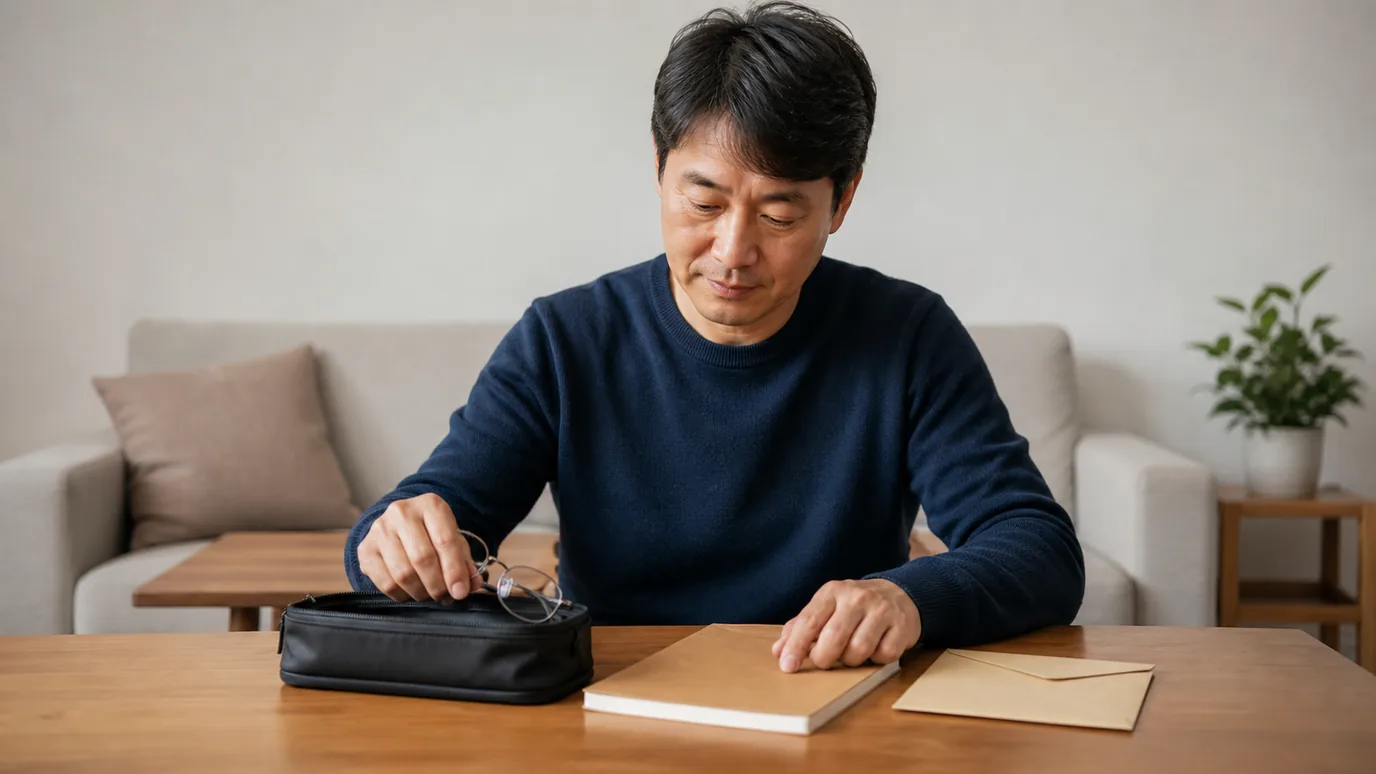 밝은 집에서 한국인 성인 보호자가 안경 케이스, 학업용 닫힌 노트와 시력 기록 봉투를 정리하는 장면